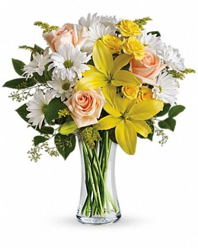 <div class="m-pdp-tabs-description">
<div id="mark-1" class="m-pdp-tabs-marketing-description">
<p>The song says, "The sun'll come out tomorrow," but why not today? Whatever the weather, this sunny bouquet of yellow, peach and white flowers will brighten any day instantly. Perfect for a birthday, thank you or just because.
</p></div>
</div>
<p>This sunny bouquet includes peach roses, yellow spray roses, yellow asiatic lilies, white daisy spray chrysanthemums and solidago accented with assorted greenery. Delivered in a glass gathering vase.</p>