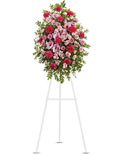 <div id="mark-1" class="m-pdp-tabs-marketing-description">To send sympathy flowers is a testament of your love and devotion. This feminine standing spray is a pink garden of alstroemeria, gladioli, carnations and asters.</div>
<div id="desc-1">
<ul>
<li>Lovely flowers such as light pink alstroemeria, miniature carnations and asters with hot pink carnations and pink gladioli.</li>
</ul>
</div>