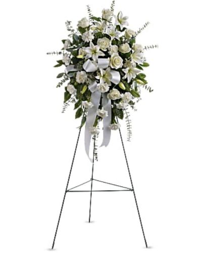<div id="mark-1" class="m-pdp-tabs-marketing-description">Stunning in its simplicity, this gorgeous spray of white roses, lilies and carnations decorated with white satin ribbon is a tasteful way to express your sympathy.</div>
<div id="desc-1">
<ul>
<li>The elegant spray includes white roses, white Asiatic lilies and white carnations, accented with assorted greenery.</li>
</ul>
</div>