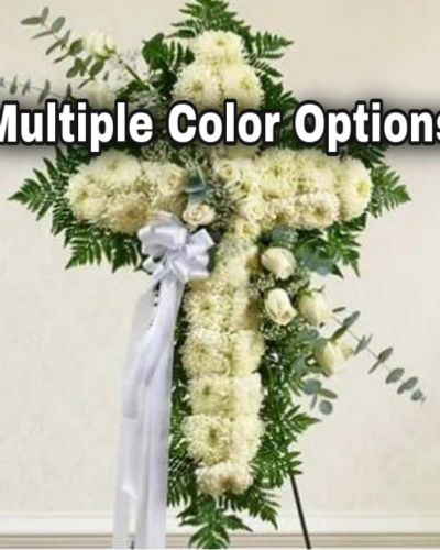 <p>Send a beautiful and striking floral tribute that shows your support and love during this difficult time. This standing spray arrangement in the shape of a cross is created from fresh white roses, football mums, greenery and floral accents. Traditionally sent directly to the funeral home by family members or friends and displayed on a stand.</p>