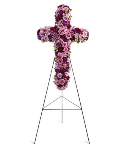 <div id="mark-1" class="m-pdp-tabs-marketing-description">A breathtaking standing cross of majestic purple and lavender blooms remembers and honors the departed with a meaningful and moving expression of faith, admiration and divine love.</div>
<div id="desc-1">
<ul>
<li>Gorgeous blooms such as lavender roses and carnations, and chrysanthemums of lavender and deep purple create a religious display ideal for a funeral or memorial service.</li>
</ul>
</div>