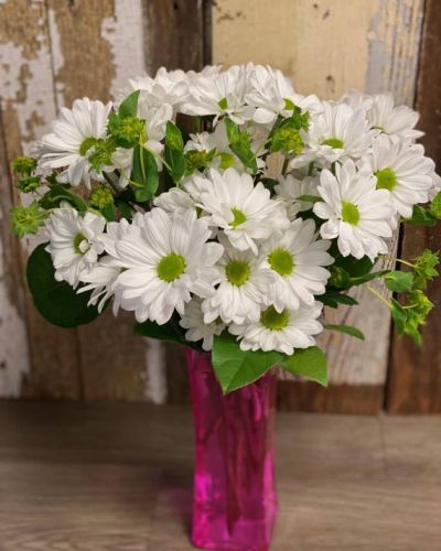 <p>This beautiful bouquet will have you dreaming of daisies all day long! Featured in a pink vase, this gorgeous arrangement of daisies and assorted greenery is the perfect way to celebrate any number of occasions.</p>