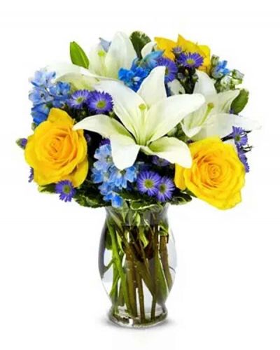<p>The Wide Blue Yonder Bouquet immediately resonates of a bright blue sky on sunny day. Gorgeous white Asiatic lilies are paired with yellow roses, blue delphinium and purple Monte Casino blooms all creatively arranged in a fluted vase with a blue satin ribbon.</p>
