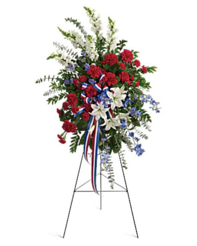 <div id="mark-1" class="m-pdp-tabs-marketing-description">Sparkling like an Independence Day fireworks display, a striking red, white and blue spray stands tall proud and patriotic. Bearing the colors of our nation's flag, it's a grand and fitting tribute to members of the military and American heroes.</div>
<div id="desc-1">
<ul>
<li>Adorned with yards of multicolored patriotic ribbon, this easel-mounted standing spray features flowers such as red carnations, white asiatic lilies and snapdragons, and blue delphinium, along with an assortment of greens.</li>
</ul>
</div>