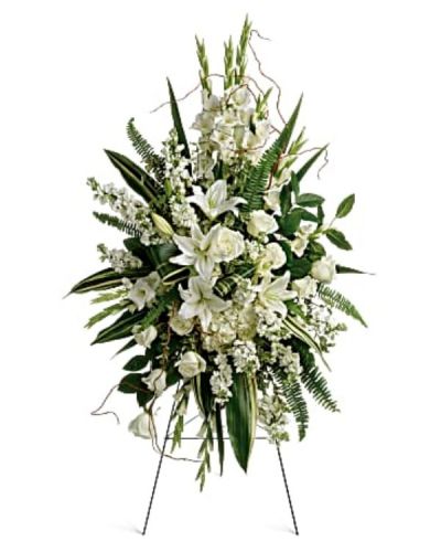<div class="m-pdp-tabs-description">
<div id="mark-1" class="m-pdp-tabs-marketing-description">
<hr />
<p>This beautiful spray includes white hydrangea, white roses, white oriental lilies, white gladioli, white stock, pitta negra, sword fern, curly willow, variegated aspidistra leaves, and lemon leaf. Delivered on a wire easel.</p></div>
</div>
<p id="arrngDescp">This beautiful spray includes white hydrangea, white roses, white oriental lilies, white gladioli, white stock, pitta negra, sword fern, curly willow, variegated aspidistra leaves, and lemon leaf. Delivered on a wire easel.</p>