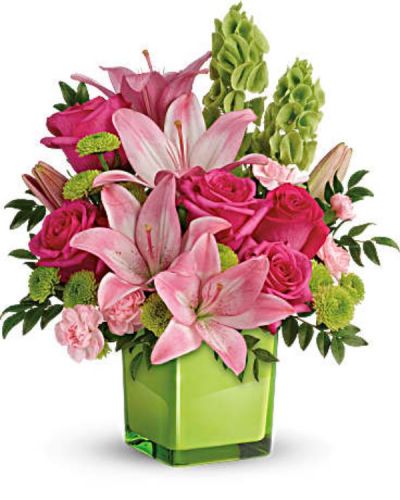 <p>They'll fall in love with this pretty, playful bouquet! Pink roses and lilies look oh-so-lovely with elegant bells of ireland and presented in our exclusive vibrant green Color Splash cube! It's a fresh mix they'll adore for any occasion.<br />
This refreshing arrangement features dark pink roses, pink asiatic lilies, pink miniature carnations, bells of ireland, green button spray chrysanthemums, and huckleberry.</p>