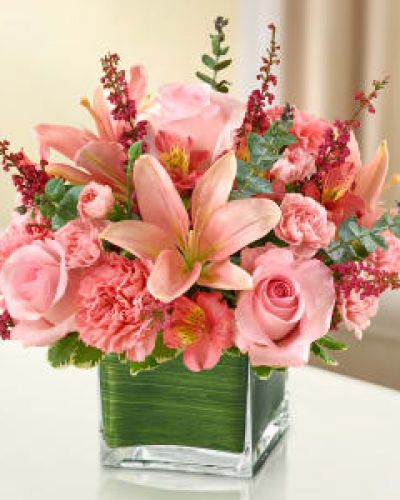<p>Let the vibrant beauty of our graceful all-pink bouquet convey your deepest love.</p>
<p>Help heal with this cube vase arrangement of pink roses, lilies, alstroemeria, carnations and heather.</p>
