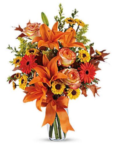 <p>Feel the crisp beauty of fall with this wonderful bouquet.<br />
This luscious arrangement is filled with a gorgeous assortment of autumnal hues, sure to delight your recipient with this dazzling array of rich colors and textures.</p>