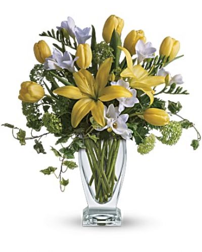 <div id="mark-2" class="m-pdp-tabs-marketing-description">A rhapsody in yellow. Say "get well soon" or "have a happy day" with this sunny assorted bouquet. Everyone's favorite spring flowers are here - yellow lilies, yellow tulips, with accents of deliciously fragrant freesia flowers.</div>
<p>&nbsp;</p>
<div id="desc-2">
<ul>
<li>Fragrant white freesia, fresh yellow tulips and asiatic lilies are mixed with beautiful green viburnum and graceful tendrils of ivy in a stylish, clear glass vase,</li>
</ul>
</div>