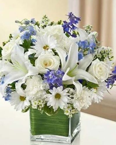 <p>Send your best wishes with our blue and white Hope Floats arrangement. The freshest roses, delphinium, lilies, daisy poms and carnations are hand-designed in a stunning cube vase sure to wow and inspire your recipient.</p>