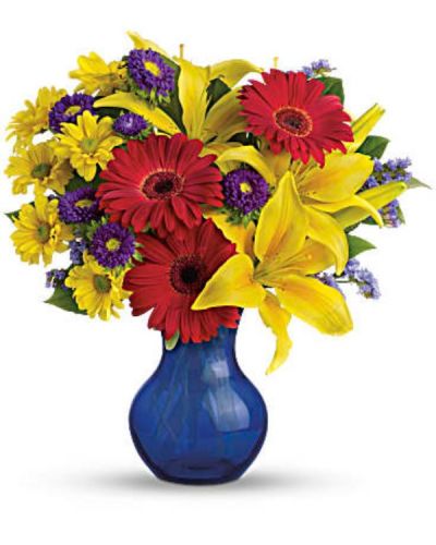 <div id="mark-3" class="m-pdp-tabs-marketing-description">A daydream come true, this bold bouquet is an instant dose of sunshine! Celebrate your special someone with sunny blooms arranged in our rich blue vase.</div>
<div id="desc-3">
<ul>
<li>Includes yellow asiatic lilies, red gerberas, purple matsumoto asters, yellow daisies, lavender statice and fresh green lemon leaf.</li>
</ul>
</div>