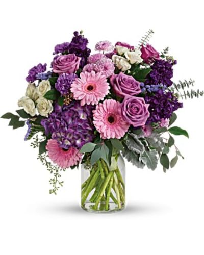 <div id="mark-3" class="m-pdp-tabs-marketing-description">Bring beauty to any occasion with the deep purples and playful pinks of this breathtaking bouquet.</div>
<div id="desc-3">
<ul>
<li>This magnificent bouquet features purple hydrangea, lavender roses, crème spray roses, pink gerberas, lavender carnations, purple stock, lavender cushion spray chrysanthemums, lavender sinuata statice, dusty miller, spiral eucalyptus, seeded eucalyptus, silver dollar eucalyptus, and lemon leaf.</li>
</ul>
</div>