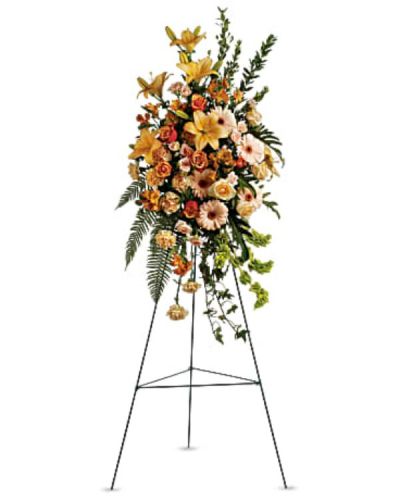 <div id="mark-1" class="m-pdp-tabs-marketing-description">A fountain of subtle color is provided by this gracefully elegant array of peach roses and lilies and other favorites - a symbol of life and hope during a difficult time.</div>
<div id="desc-1">
<ul>
<li>The striking bouquet includes peach roses, orange bi-color roses, peach spray roses, peach asiatic lilies, orange alstroemeria, peach carnations and bells of Ireland, accented with assorted greenery.</li>
</ul>
</div>