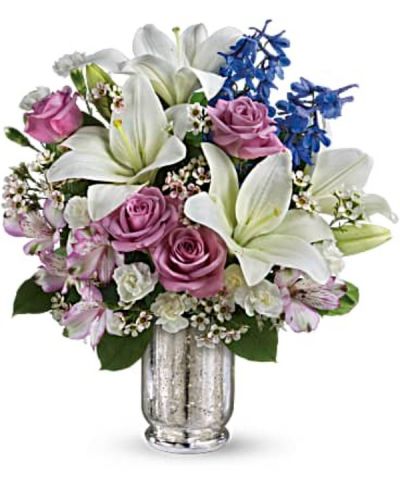 <div class="m-pdp-tabs-description">
<div id="mark-1" class="m-pdp-tabs-marketing-description">Make their dreams come true with this ethereal bouquet - beautiful snow-white lilies, lavender roses and a bright blue hint of delphinium create a dreamy declaration of your affection she'll never forget.</div>
</div>
<p id="arrngDescp">Lavender roses, white asiatic lilies, lavender alstroemeria, miniature white carnations, blue delphinium and white waxflower are arranged with fresh greens.</p>