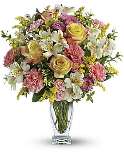 <hr />
<div id="mark-3" class="m-pdp-tabs-marketing-description">Lush and lovely, yet delightfully delicate, the pale pinks, yellows and whites of this gorgeous bouquet look like they were made for one another.</div>
<p>&nbsp;</p>
<div id="desc-3">
<ul>
<li>Yellow roses, pink carnations, white alstroemeria and pink asters are accented with solidago and oregonia.</li>
</ul>
</div>