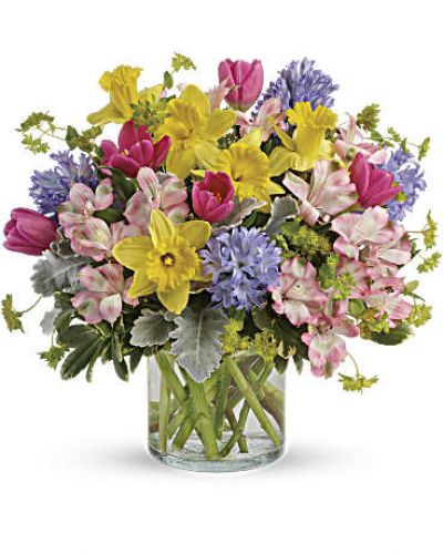 <p>Celebrate the joy of the new season with this springtastic bouquet! Fresh and colorful in spring's favorite pastel hues, this mix of tulips, hyacinths and daffodils brings spring in!<br />
Hot pink tulips, light pink alstroemeria, yellow daffodils and lavender hyacinth are mixed with bupleurum, dusty miller and pittosporum.<br />
Delivered in a clear cylinder vase.</p>