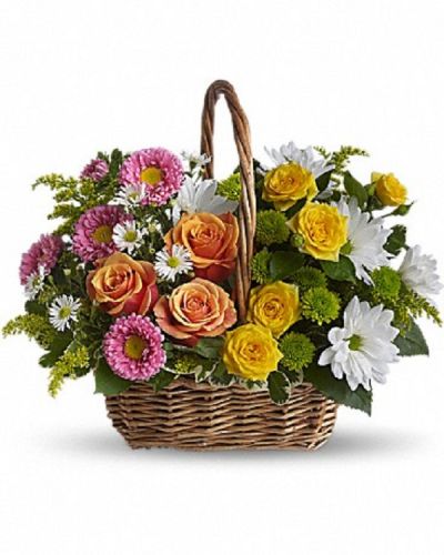 <div class="m-pdp-tabs-description">
<div id="mark-1" class="m-pdp-tabs-marketing-description">A basket full of bright blossoms will deliver the warmth of sunshine even when the skies seem gray. This beautiful gift will be appreciated for its life-affirming brilliance and your thoughtfulness at this time.</div>
</div>
<p id="arrngDescp">Brilliant blooms such as orange and yellow roses and spray roses mix with pink matsumoto asters, white daisy spray chrysanthemums, dazzling green button spray chrysanthemums, salal, pittosporum and more in a lovely rectangular basket with a handle.</p>