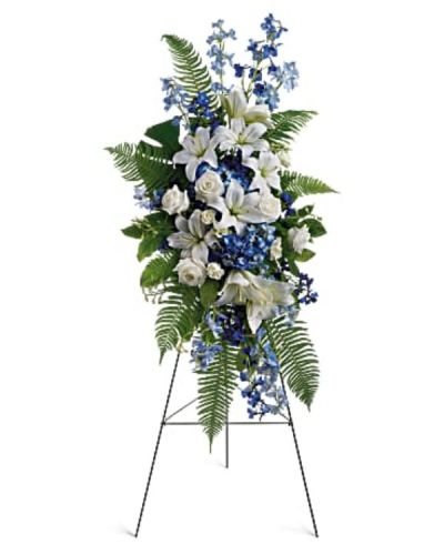 <div id="mark-1" class="m-pdp-tabs-marketing-description">Tranquil blue and white flowers reminiscent of a soft ocean breeze offer comfort. The standing spray presented on an easel includes fragrant white lilies and tropical greenery.</div>
<div id="desc-1">
<ul>
<li>This standing spray includes blue hydrangea and delphinium, white roses and asiatic lilies, plus tropical ferns and leaves.</li>
</ul>
</div>