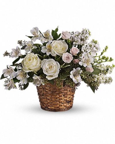 <div class="m-pdp-tabs-description">
<div id="mark-1" class="m-pdp-tabs-marketing-description">Your message of love will be as clear as day when you send this pure white and pretty basket.</div>
</div>
<p id="arrngDescp">A variety of beautiful white flowers such as roses, spray roses, alstroemeria, larkspur and more are lovingly arranged.</p>
