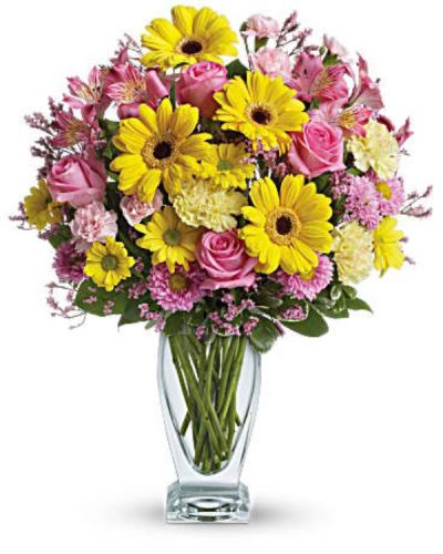 <div id="mark-3" class="m-pdp-tabs-marketing-description">Pure pretty! This classic floral design puts a sweet spin on your good wishes in brilliant shades of pink and yellow - all presented in a gorgeous glass vase.</div>
<div id="desc-3">
<ul>
<li>Luxurious flowers such as roses, gerberas and alstroemeria are gathered in soft shades of pink and yellow.</li>
</ul>
</div>